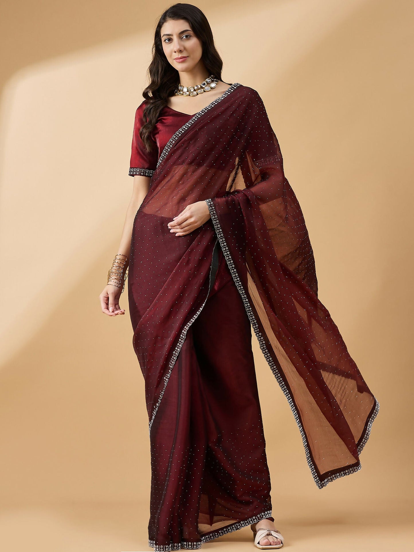 Brown Organza Swaroski Diamond Work Saree with Unstitched Blouse - Radha
