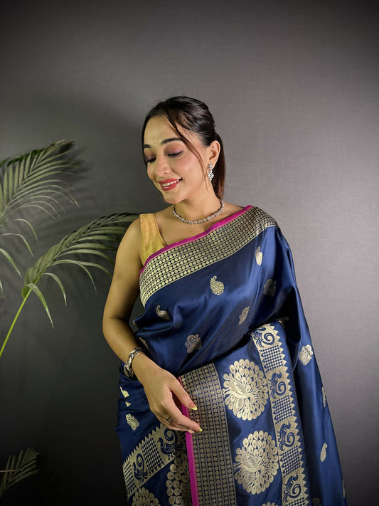 Joban Fashion Navy Blue Banarasi Soft Lichi Silk Paisley Saree | Swadesiicart