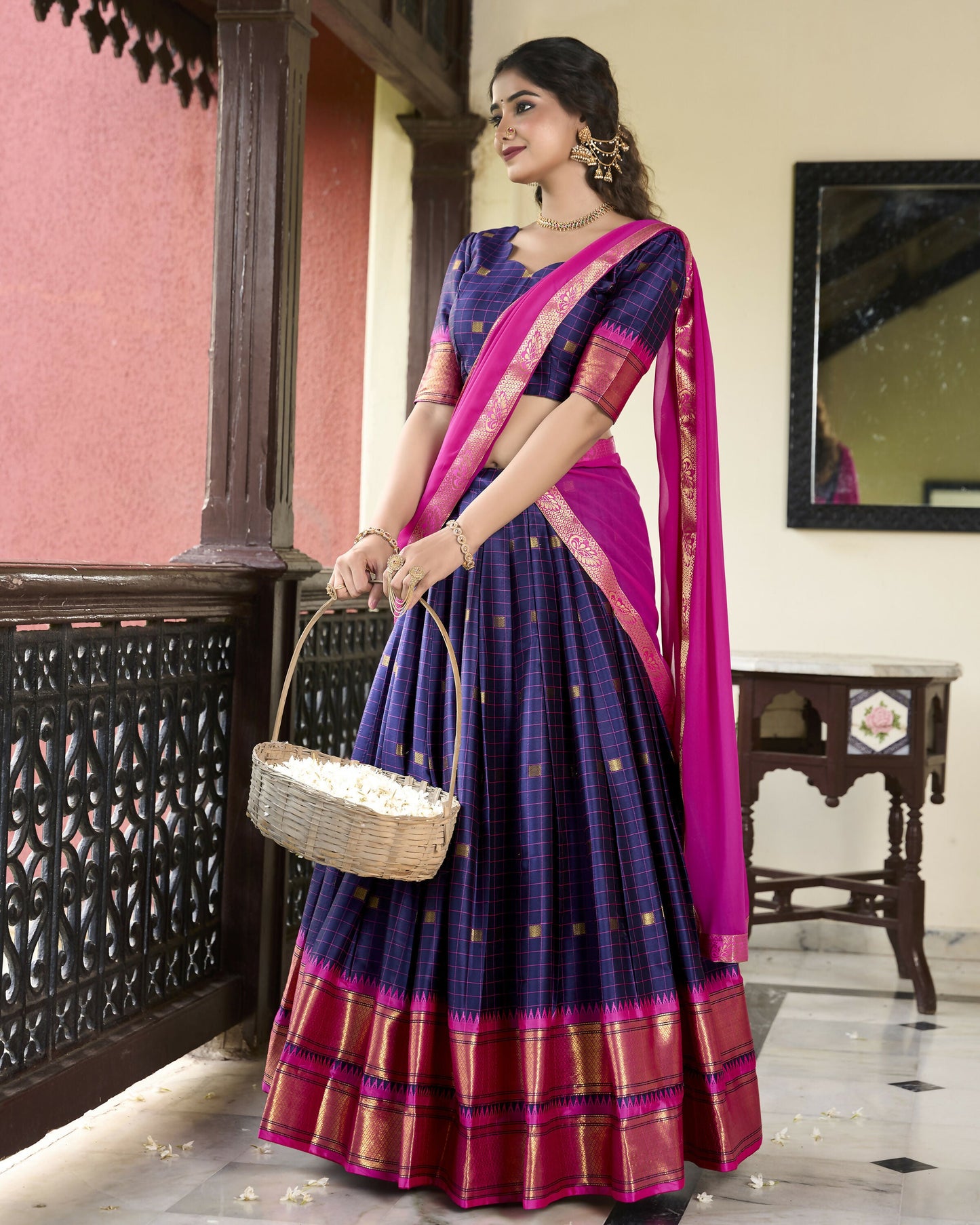 Lorenvalley Navyblue Cotton Silk Weaving Work With Paithani Concept Lehenga Choli | Swadesiicart