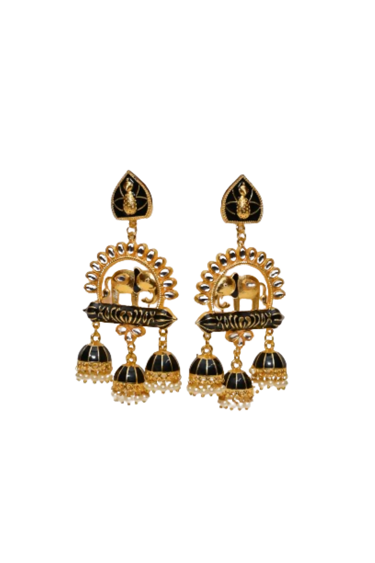 Black Traditional Gold-Polished Elephant Design Kundan Jhumka Jhumki Earrings Indian Jewellery For Women & Girls By House of Ree - Swadesiicart