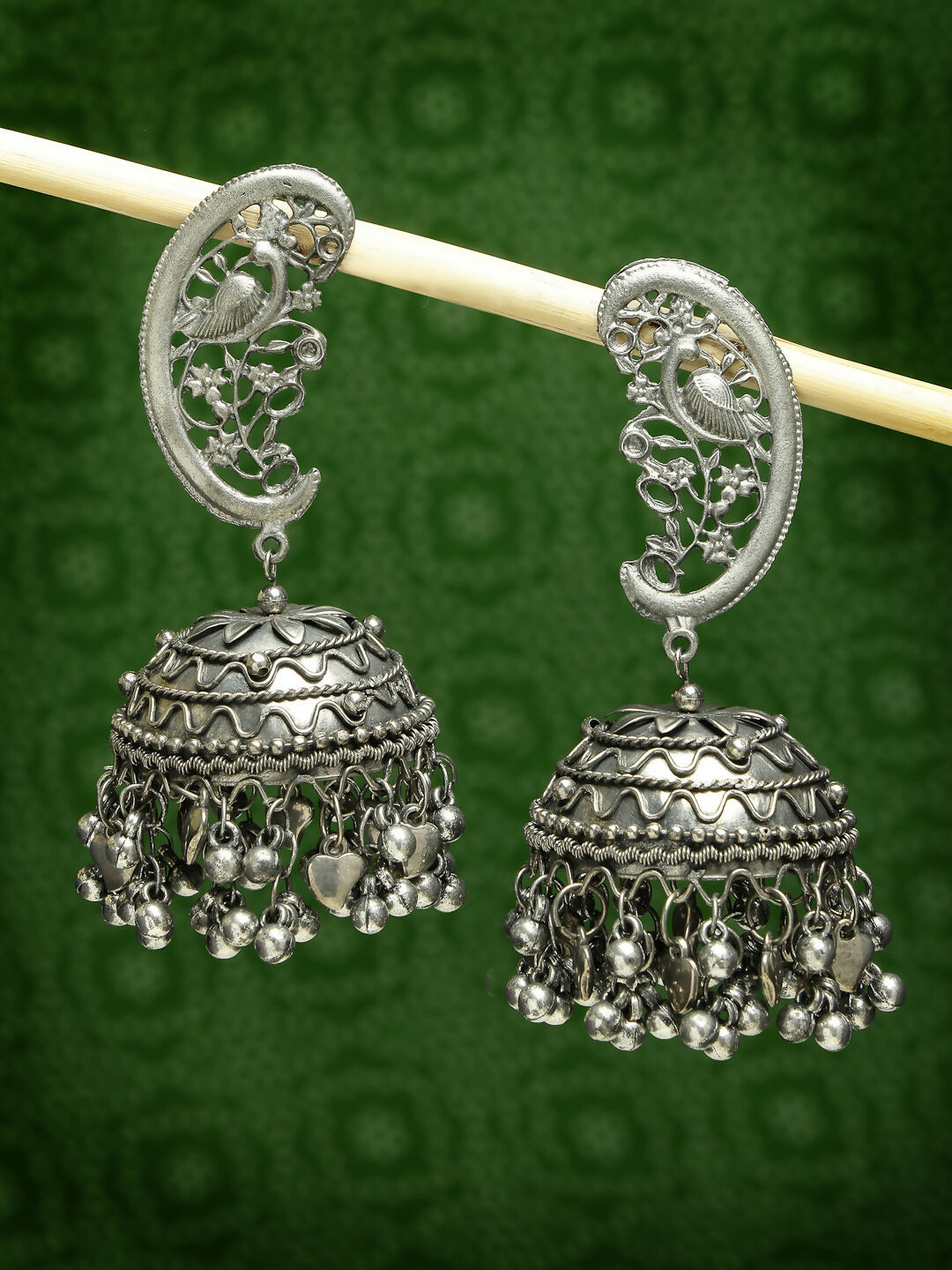 NVR Women's Silver-Plated Oxidised Dome Shaped Jhumka Earrings | Swadesiicart