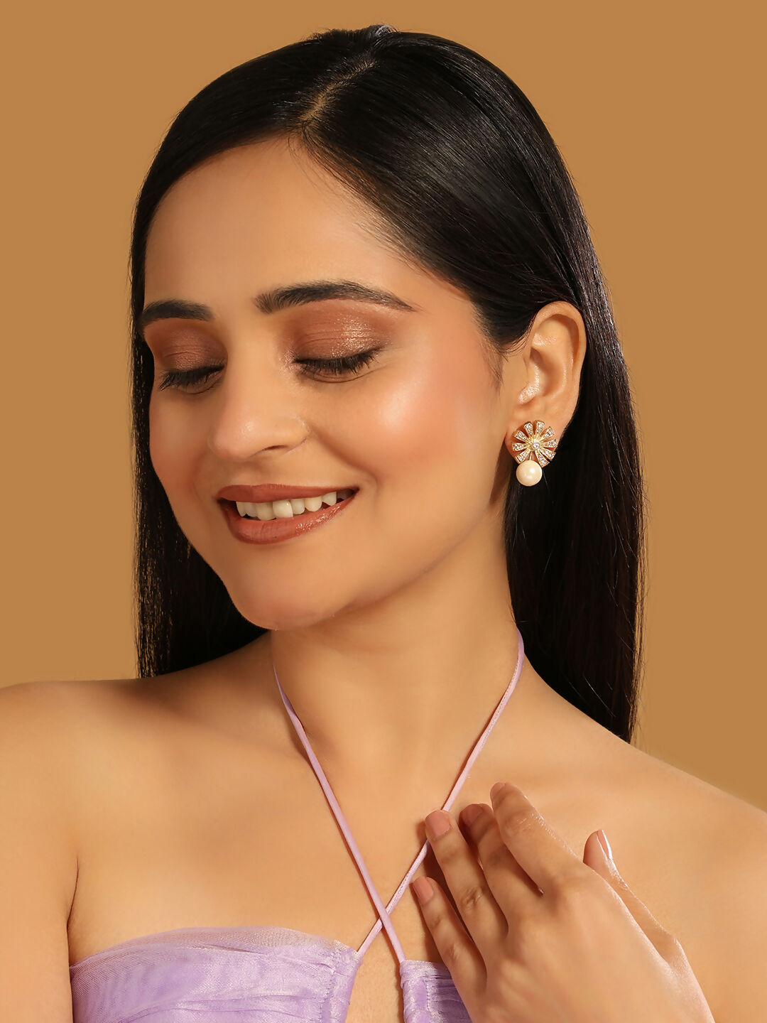 Nuyug 22K Gold-Plated Pearl Drop Zircon Floral Shaped Mini Stud Earrings | Swadesiicart