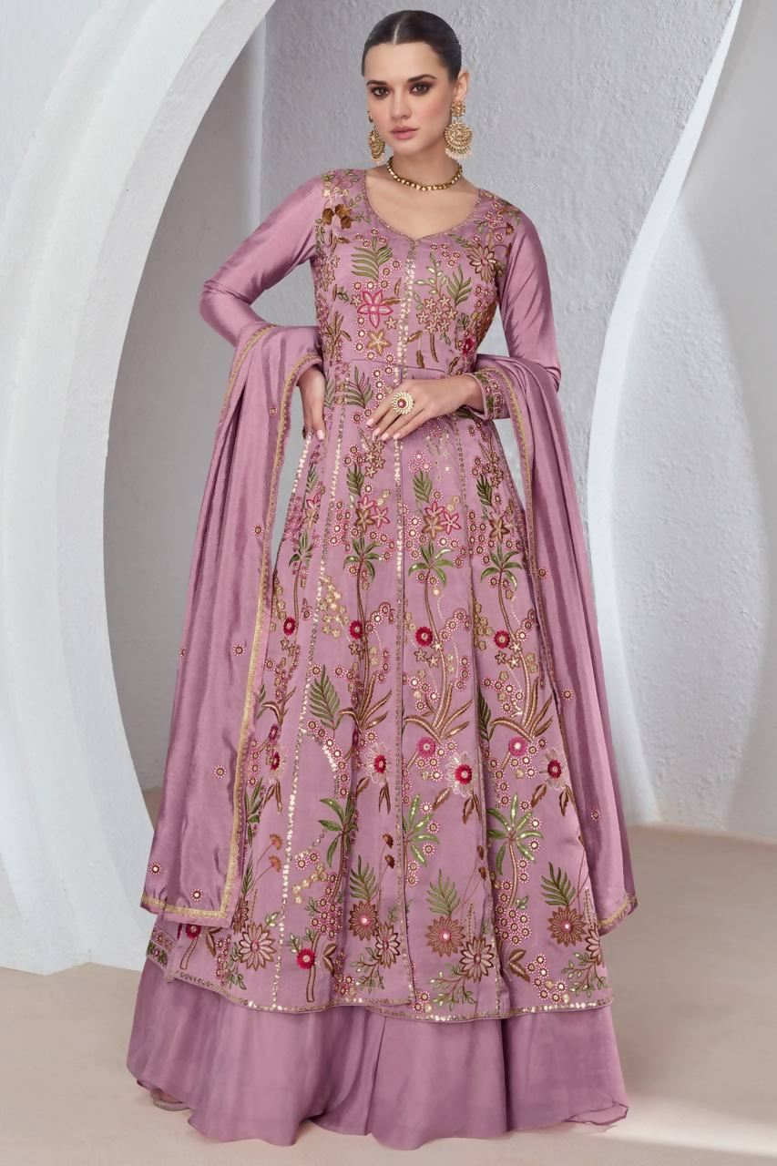 Lorenvalley Fashion Pink Viscose Silk Embroidery Work Gown Skirt Stitched | Swadesiicart