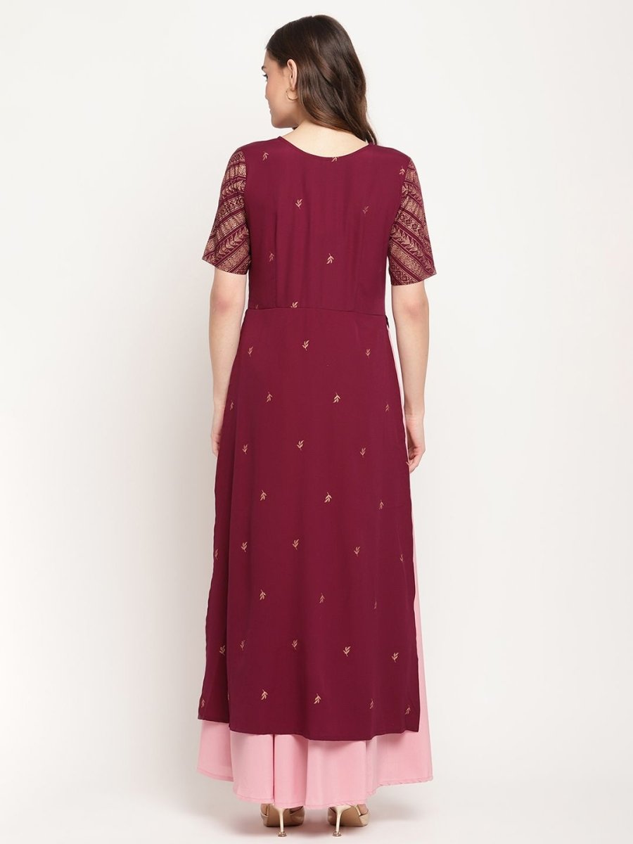 Ahalyaa Women Wine Crepe Glitter Print Dress | Swadesiicart