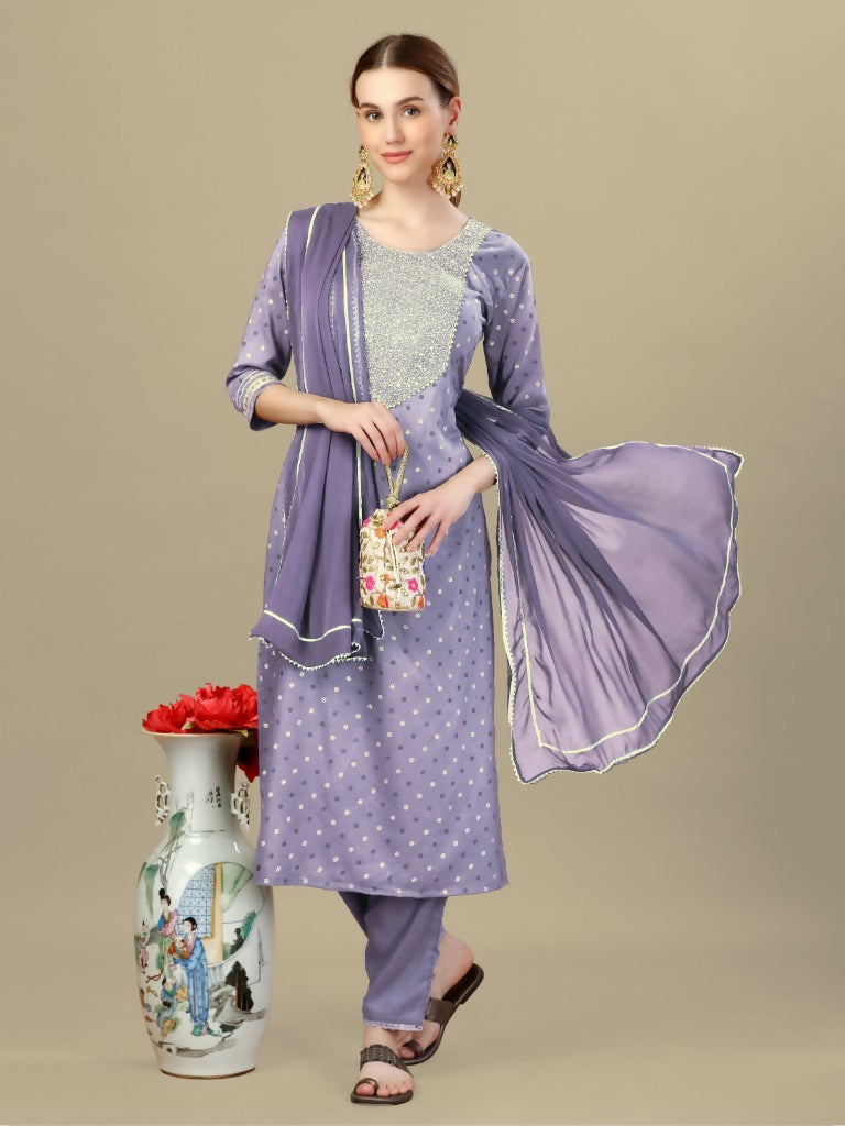 Jyoti Fashion Women's Lavender Silk Blend Embroidery & Sequence work Kurta with Trouser & Dupatta | Swadesiicart