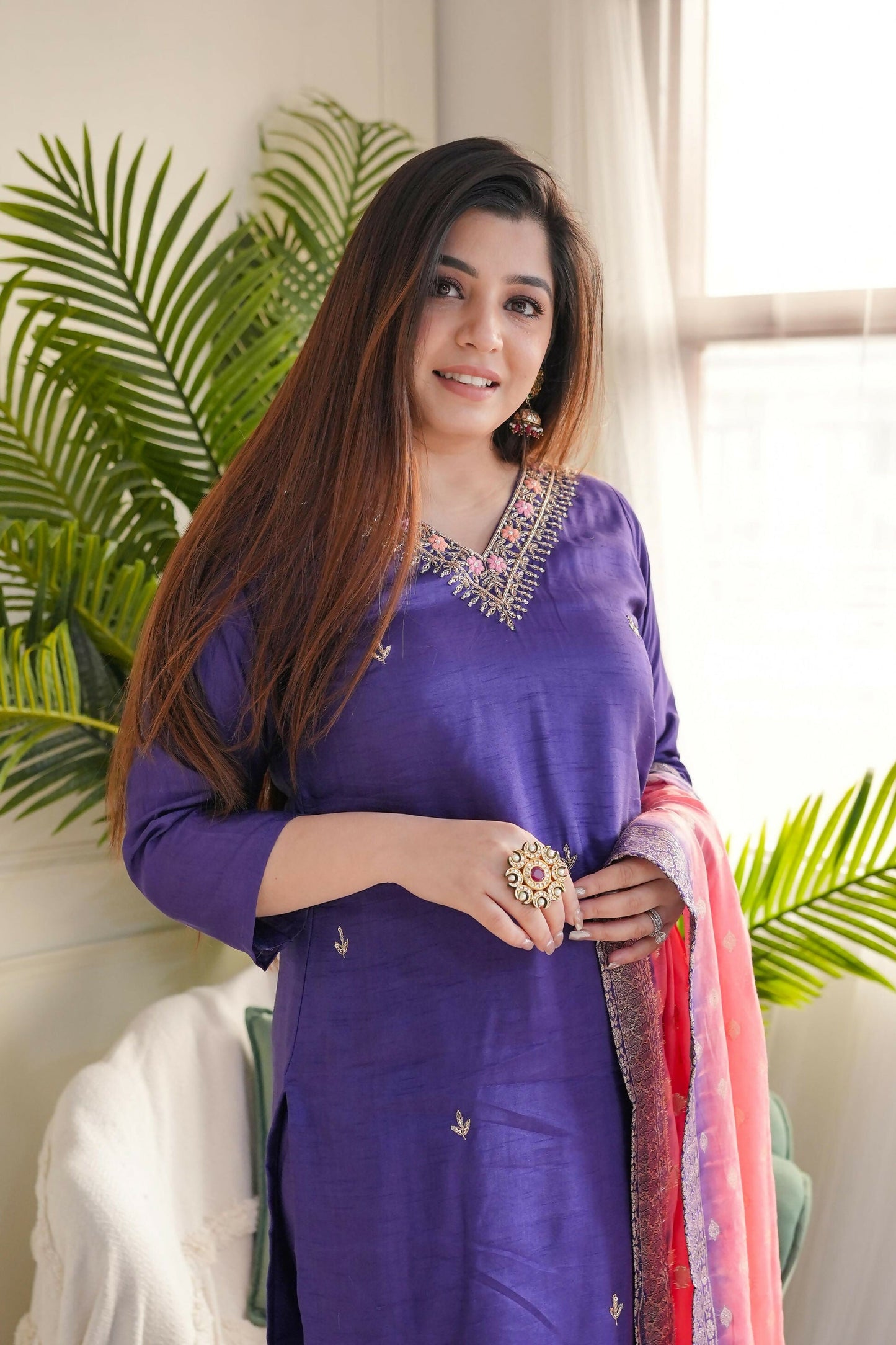 The52 Purple Women's Gorgeous Embroidered Vichitra Fabric Straight Kurta Pant with Dupatta Set - Swadesiicart