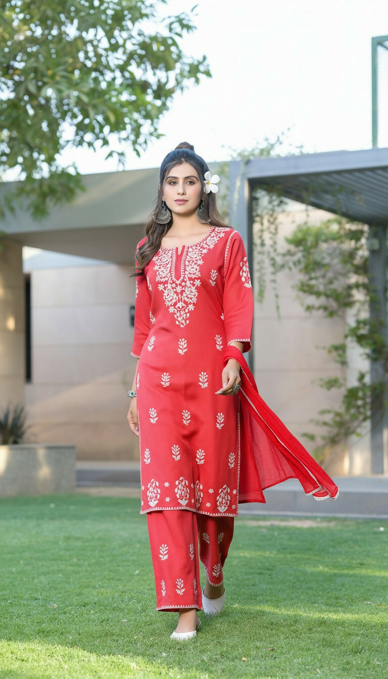 BulBul Akshyani Rust Rayon Kurta Set with Dupatta - Swadesiicart