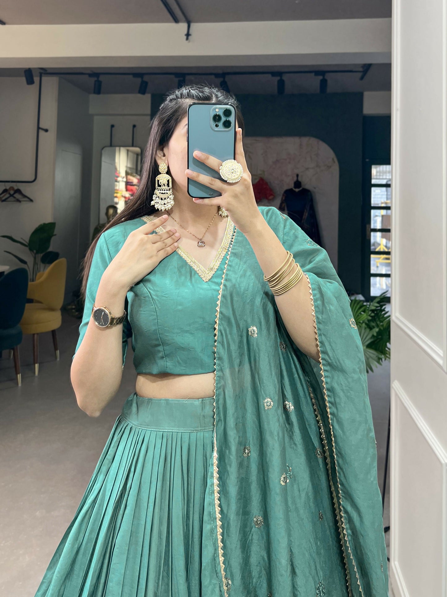 Lorenvalley Seagreen Pure Chanderi Plain With Zari Weaving Work Border Lehenga Choli | Swadesiicart