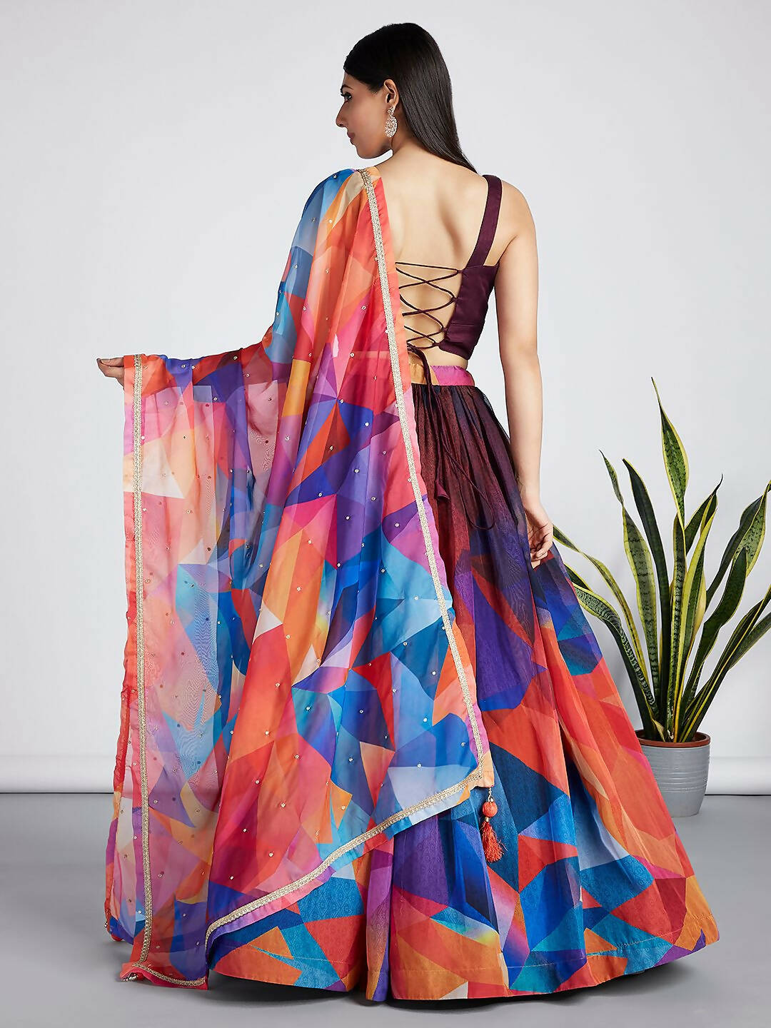 House of Panchhi Multi colour Organza Abstrack design digital print Semi-Stitched Lehenga choli & Dupatta | Swadesiicart