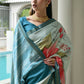 Vishnu Weaves Women's Firozi Satin Silk Printed Saree with Blouse - Swadesiicart
