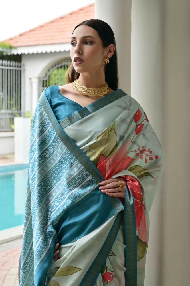 Vishnu Weaves Women's Firozi Satin Silk Printed Saree with Blouse - Swadesiicart