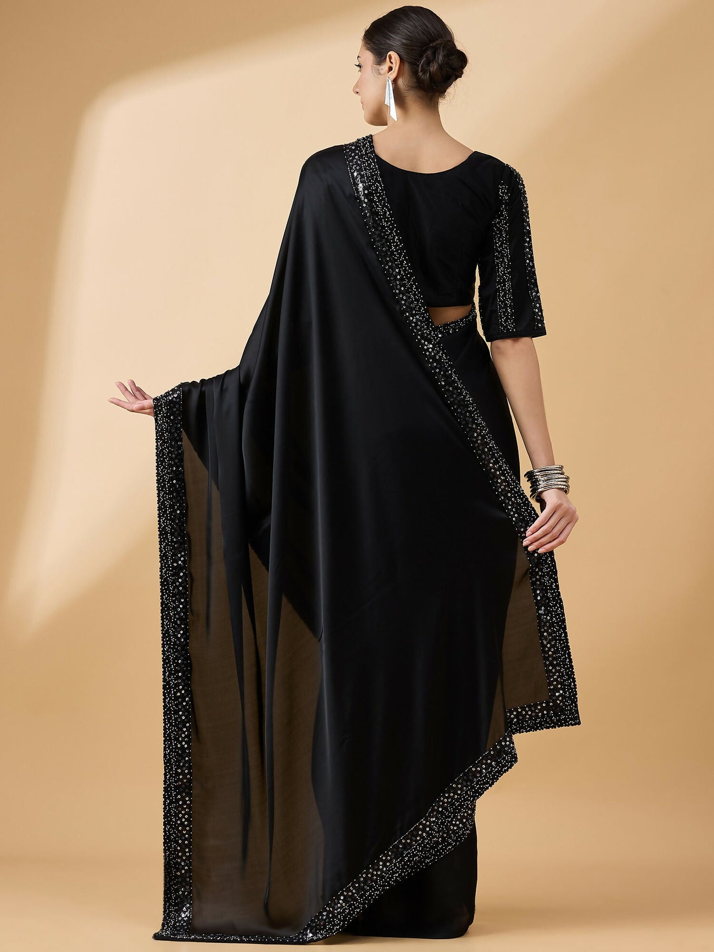 Black Satin Solid Sequence Work Saree with Stitched Blouse - Dharavi
