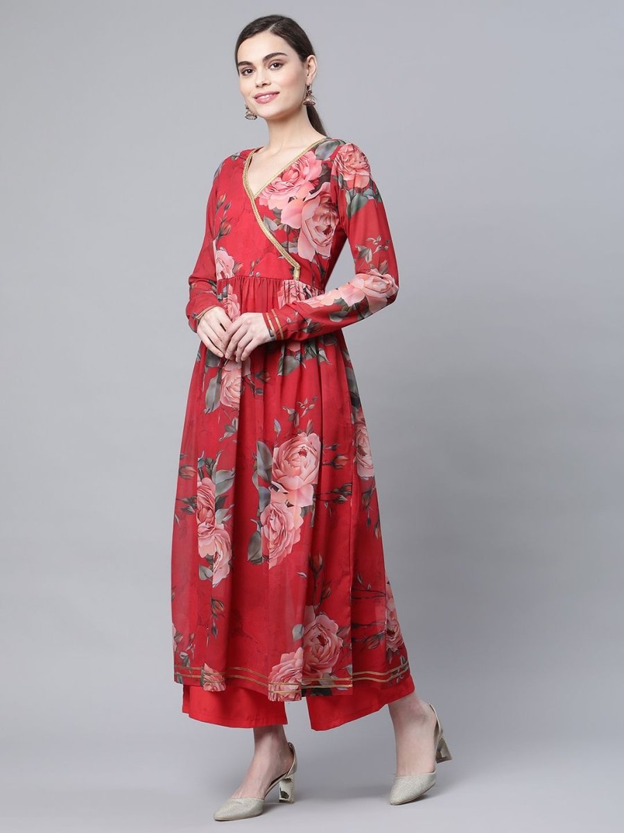 Ahalyaa Women Red Georgette Digital Floral Printed Kurta Palazzo Set - Swadesiicart