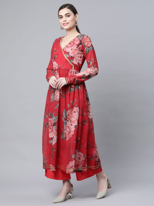 Ahalyaa Women Red Georgette Digital Floral Printed Kurta Palazzo Set - Swadesiicart
