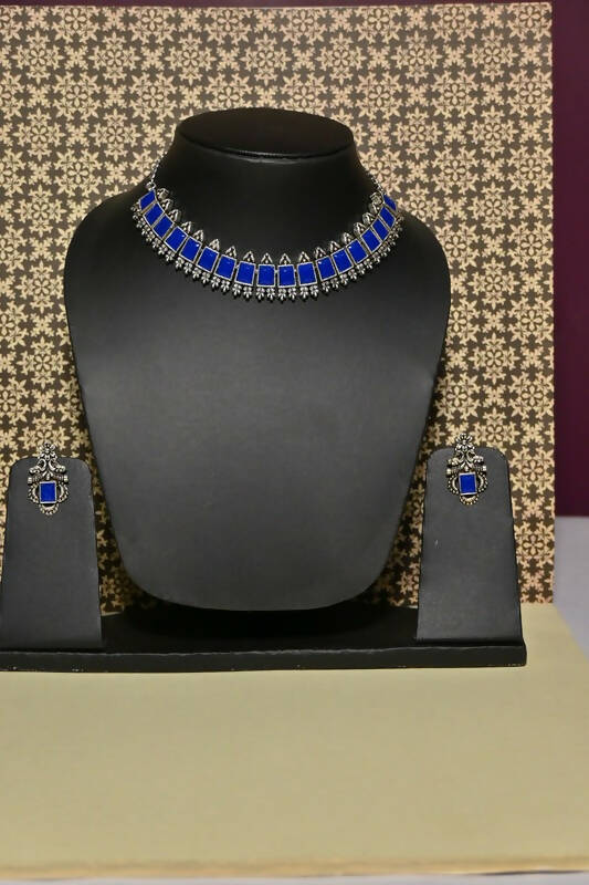 Artificial Stone Studded Oxidized Necklace Blue Jewellery set with 1 Pair of Earrings By House of Ree - House of Ree