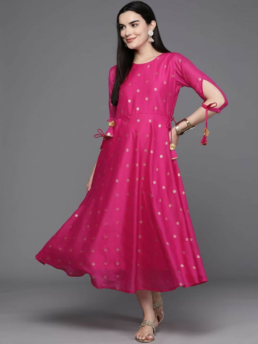 Ahalyaa Women Foil Printed A-Line Midi Ethnic Dress - Pink Color | Swadesiicart