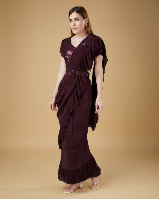 Wine Imported Crush Solid Ready to Wear Saree with stitched Blouse - Aayan | Swadesiicart