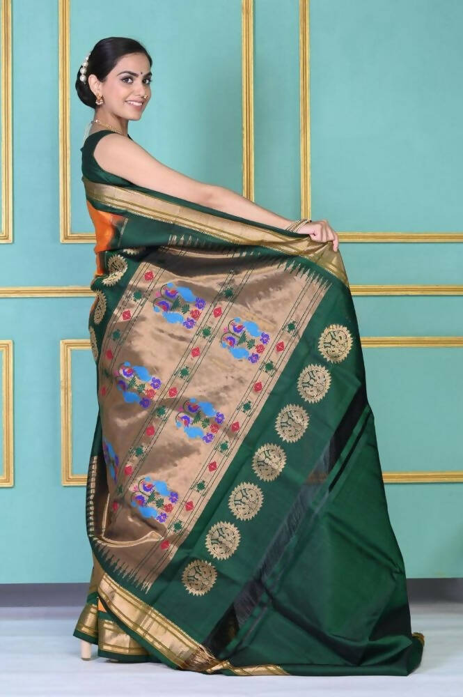 Very Much Indian Authentic Pure Silk Handloom Orange Maharani Paithani | Swadesiicart