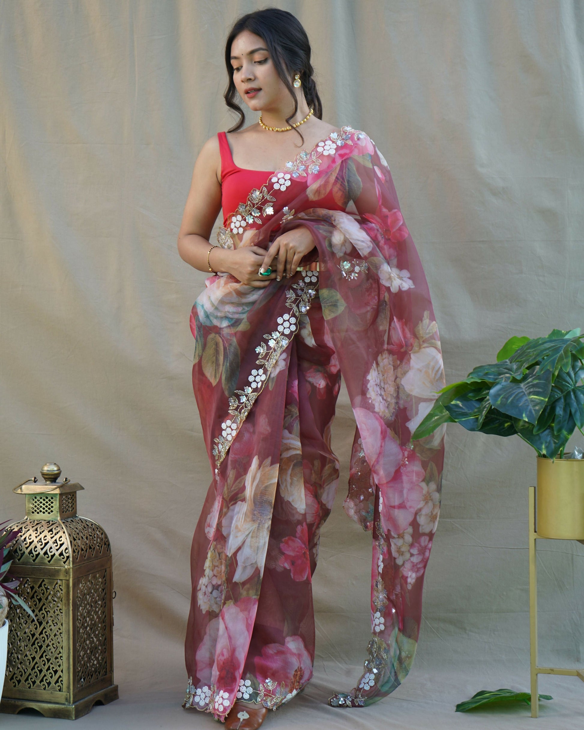 Vamsee Sarangi Red Organza Saree - Swadesiicart