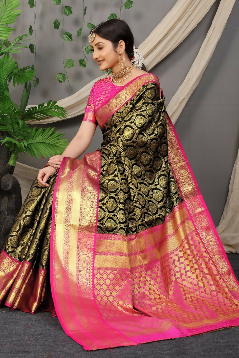 Jyoti Fashion Women's Black Kanjivaram Silk Zari Woven Saree with Blouse | Swadesiicart