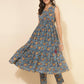 Janasya Women's Blue Cotton Floral Printed Casual Flared Kurta Set | Swadesiicart