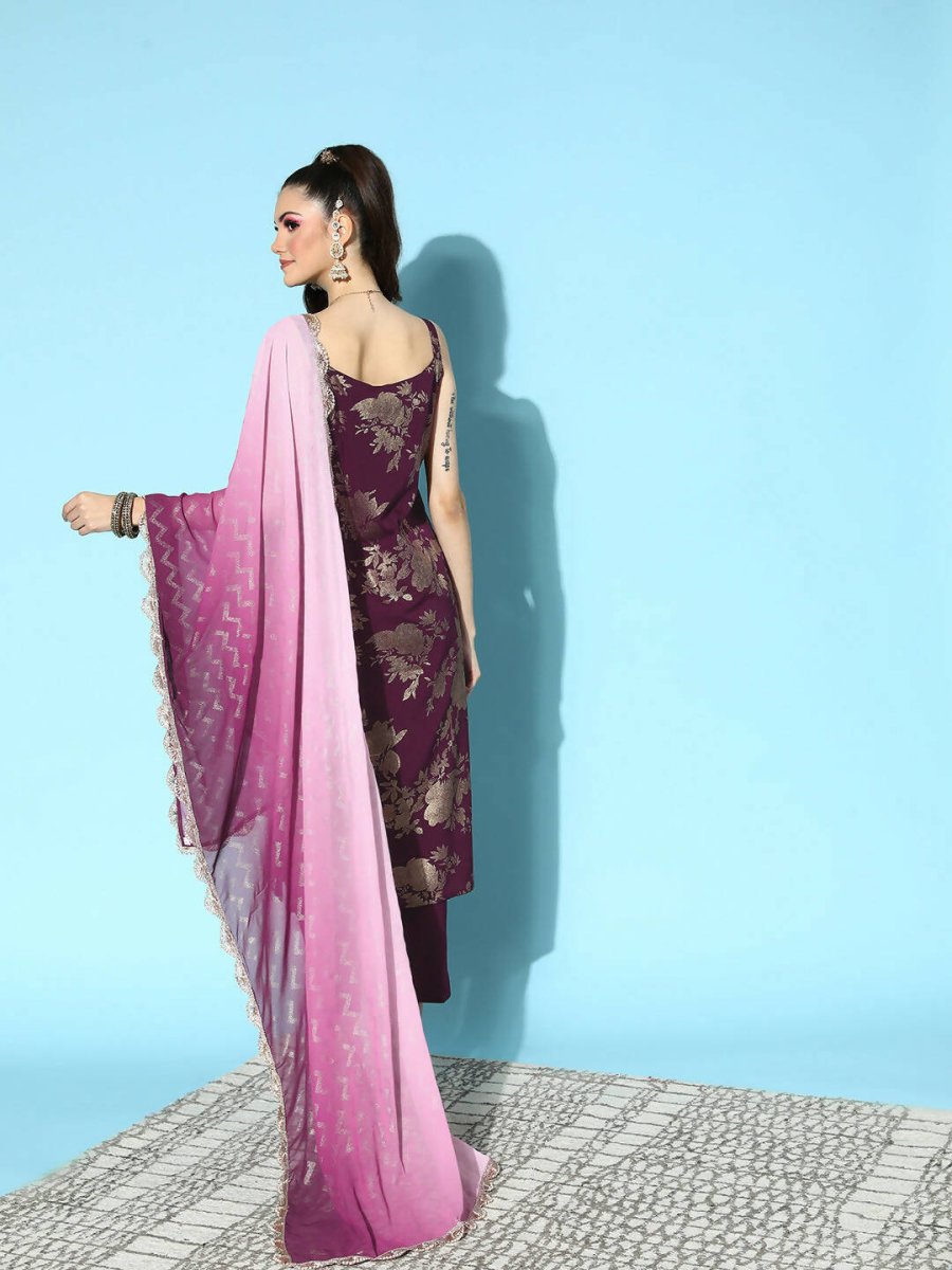 Ahalyaa Women's Wine Crepe Gold Smoke Printed Kurta Pant Set With Dupatta | Swadesiicart