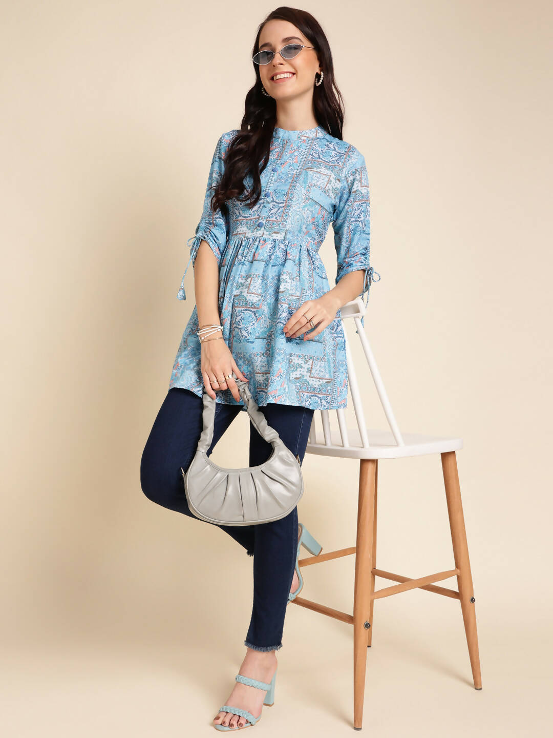 Light Blue Poly Rayon Digital Printed A-line Top - Tarini - Swadesiicart