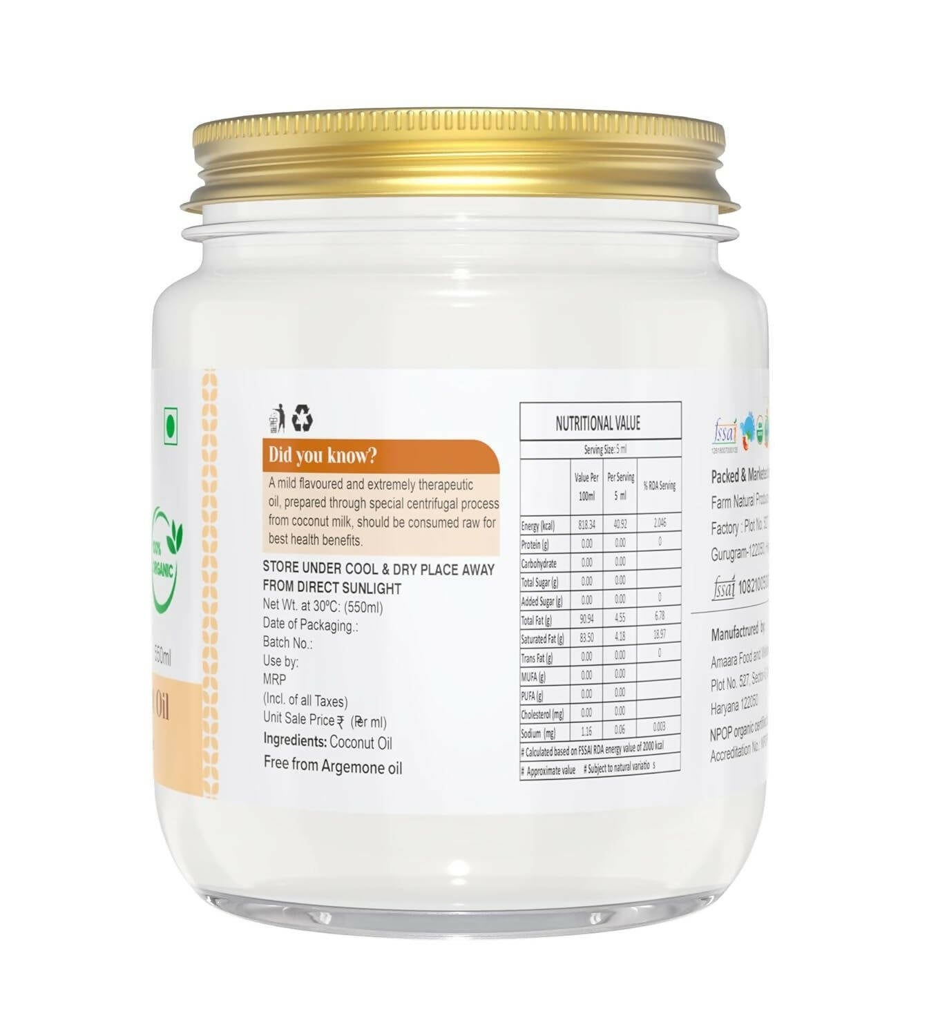 Farm Naturelle 100% Pure Organic Extra-Virgin Cold Pressed Coconut Oil - Swadesiicart