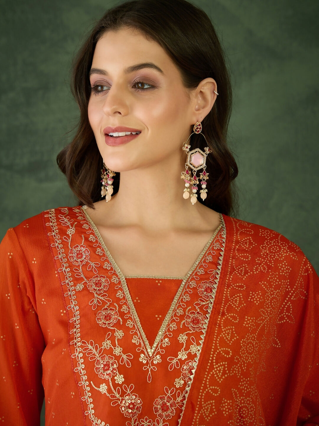 The52 Orange Women's Gorgeous Embroidered Chinon Fabric Flared Kurta Pant and Dupatta Set - Swadesiicart