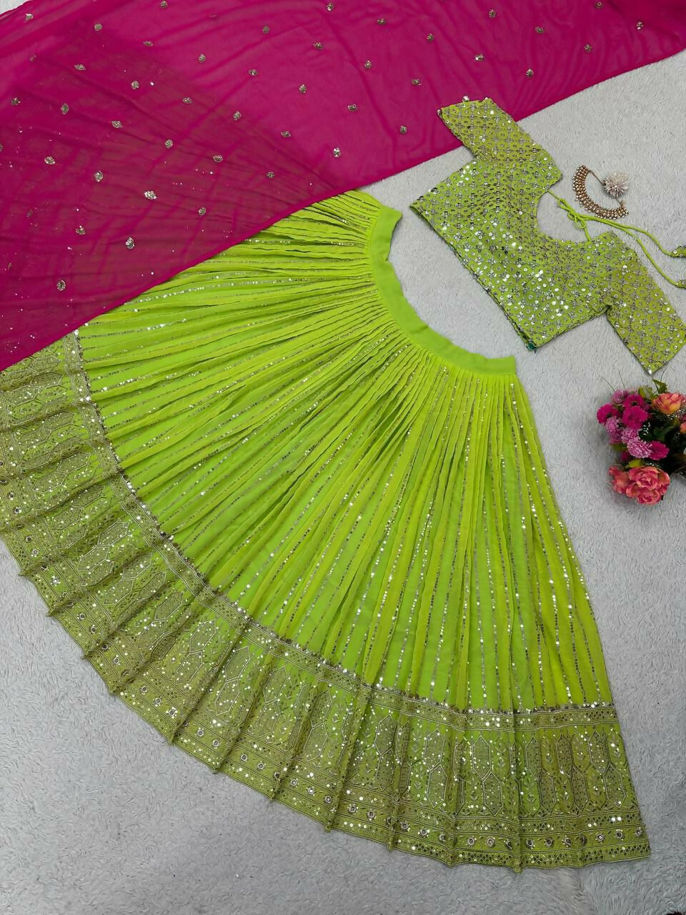 Jyoti Fashion Women's Green Faux Georgette Sequins with Thread Embroidered Designer Lehenga Choli Set | Swadesiicart