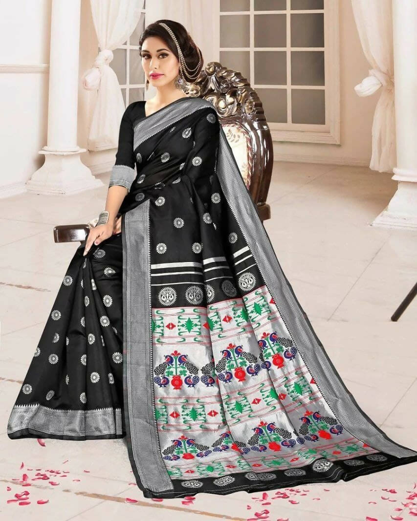 DEIANA'S Beautiful Designer Golden zari Soft Lichi Silk Saree - Black - Swadesiicart