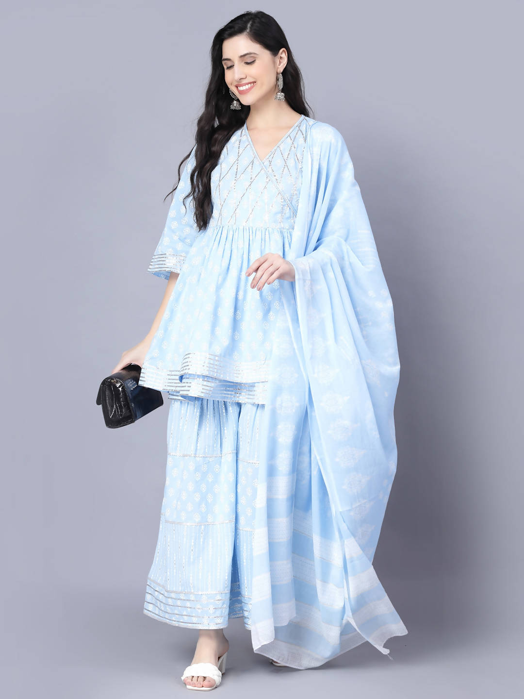 Myshka Cotton Printed 3/4 Sleeve V Neck Turquoise Blue Women Sharara Set | Swadesiicart