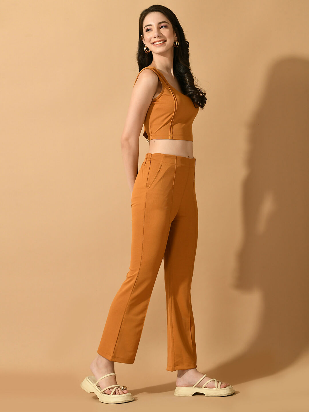 Myshka Women's Mustard Solid Top With Trousers - Swadesiicart
