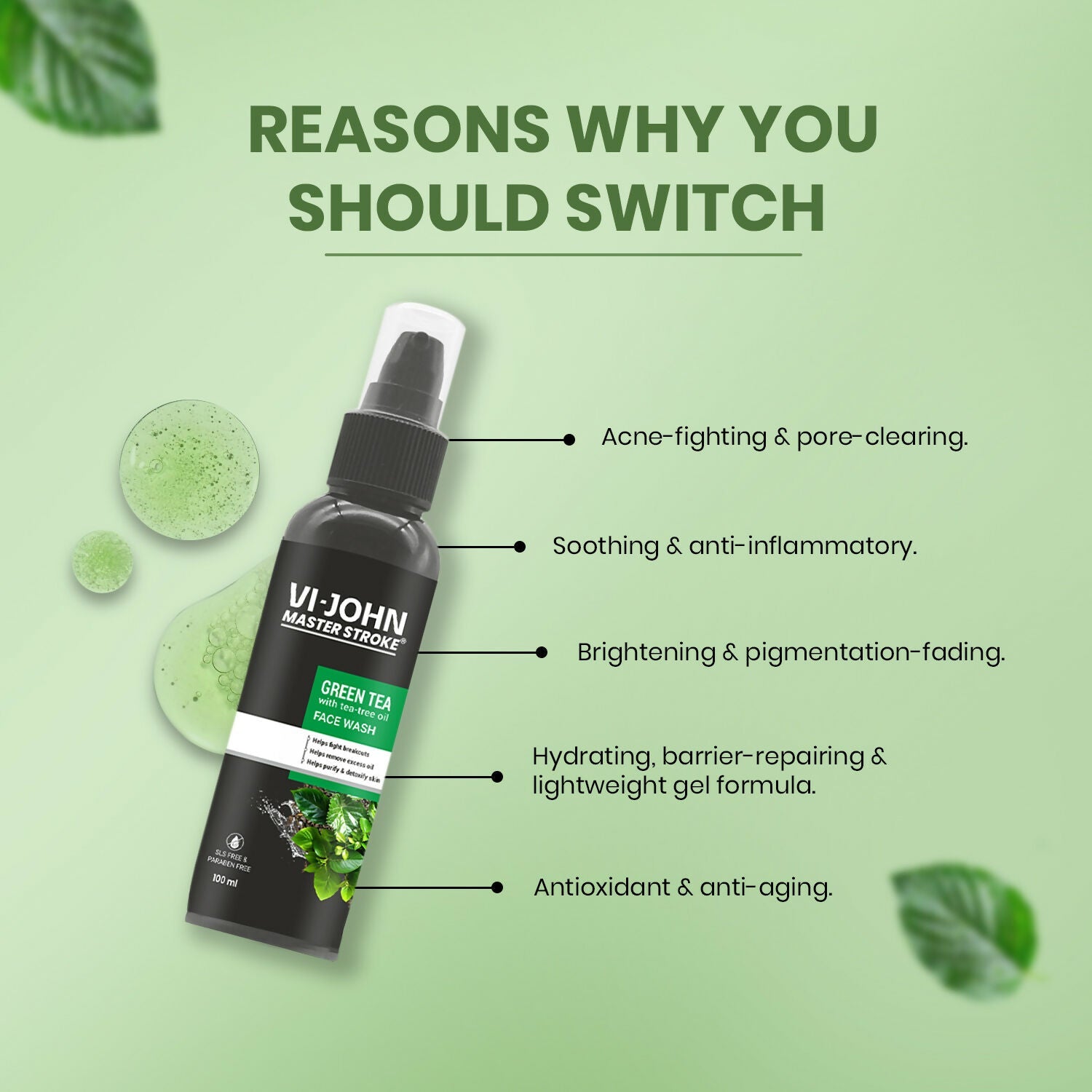 VI-JOHN Master Stroke Green Tea Face Wash Brightening Skin And Improving Texture For All Skin Type | Swadesiicart
