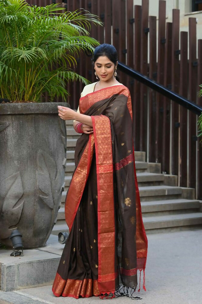Beatitude Brown Cotton Banarasi Saree | Swadesiicart