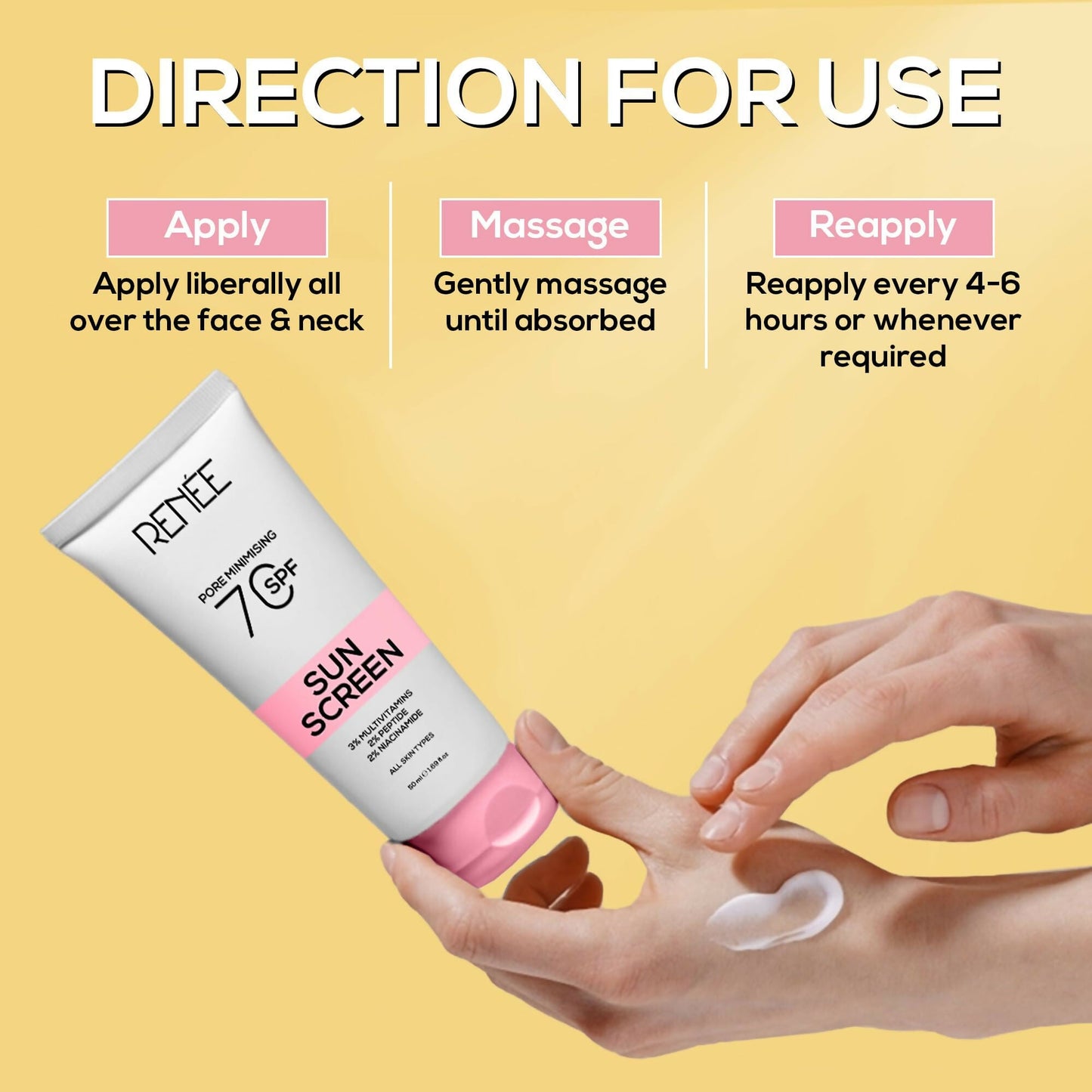 Renee Pore Minimizing Sunscreen SPF 70 With 2% Niacinamide, 2% Peptide & 3% Multivitamins - Swadesiicart