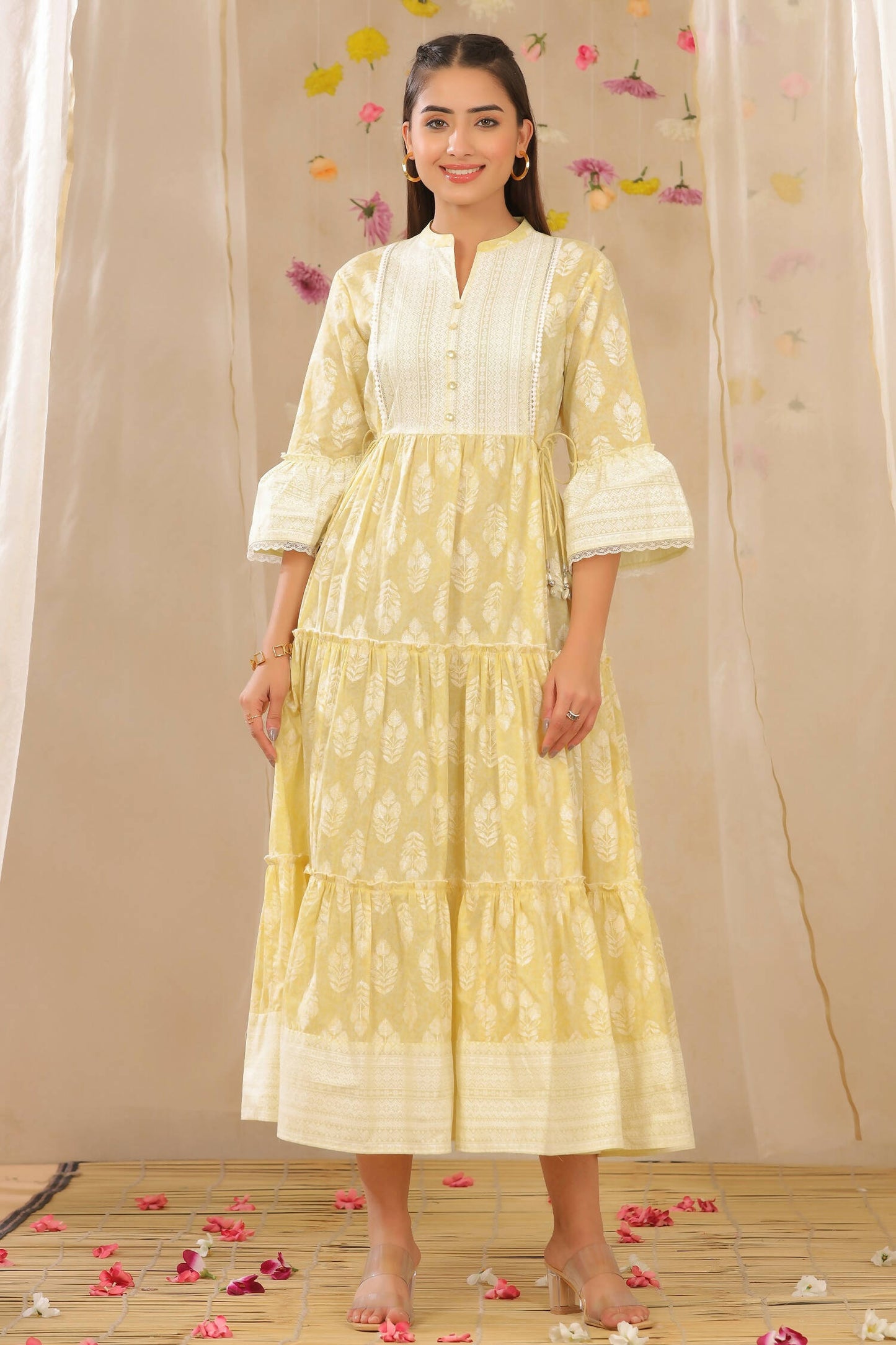 Juniper Womens Limeyellow Cambric Printed Tiered Dress With Flared Sleeve | Swadesiicart