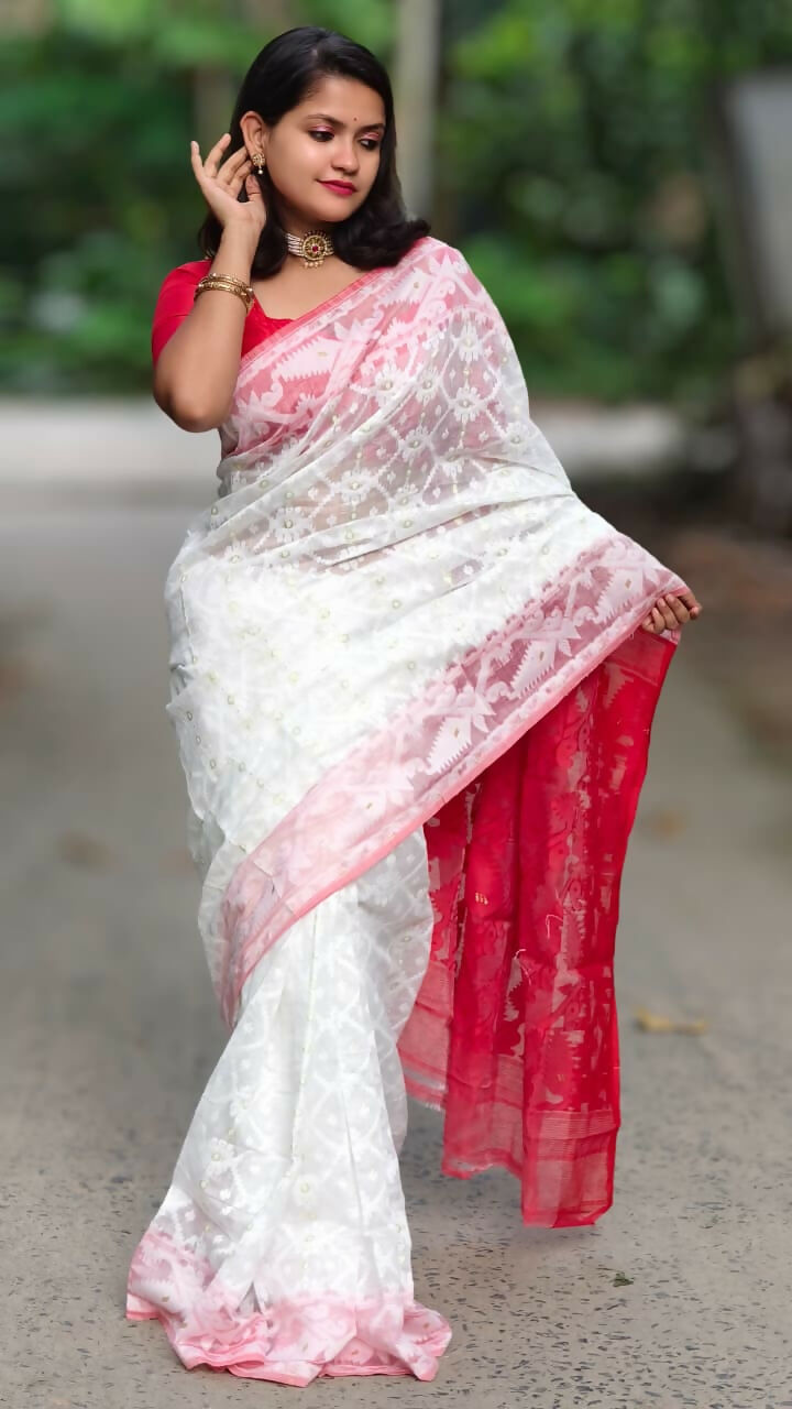 Exclusive Collection White Red White Red Jamdani Saree - Swadesiicart