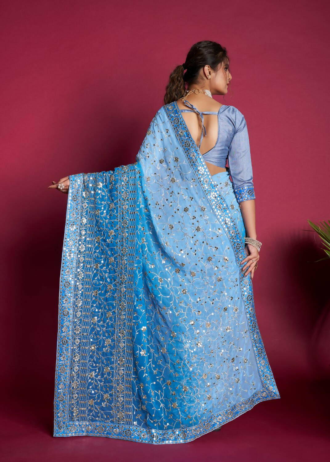 Vamsee Blue & White Georgette Designer Saree - Swadesiicart