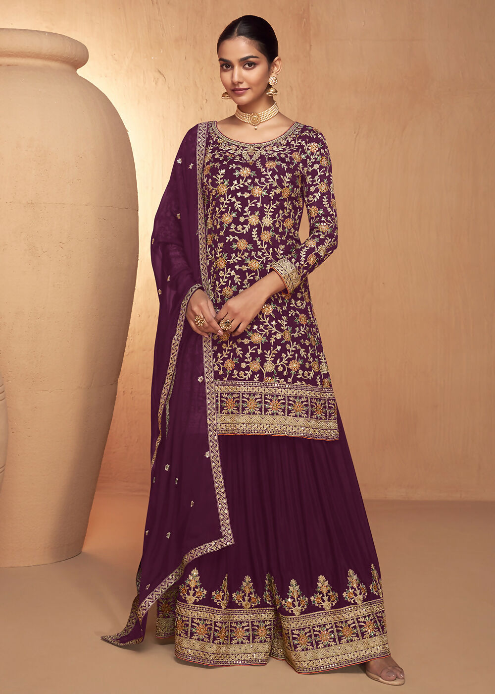Wine Real Chinnon Embroidered Wedding Festive Palazzo Suit - Emponline | Swadesiicart