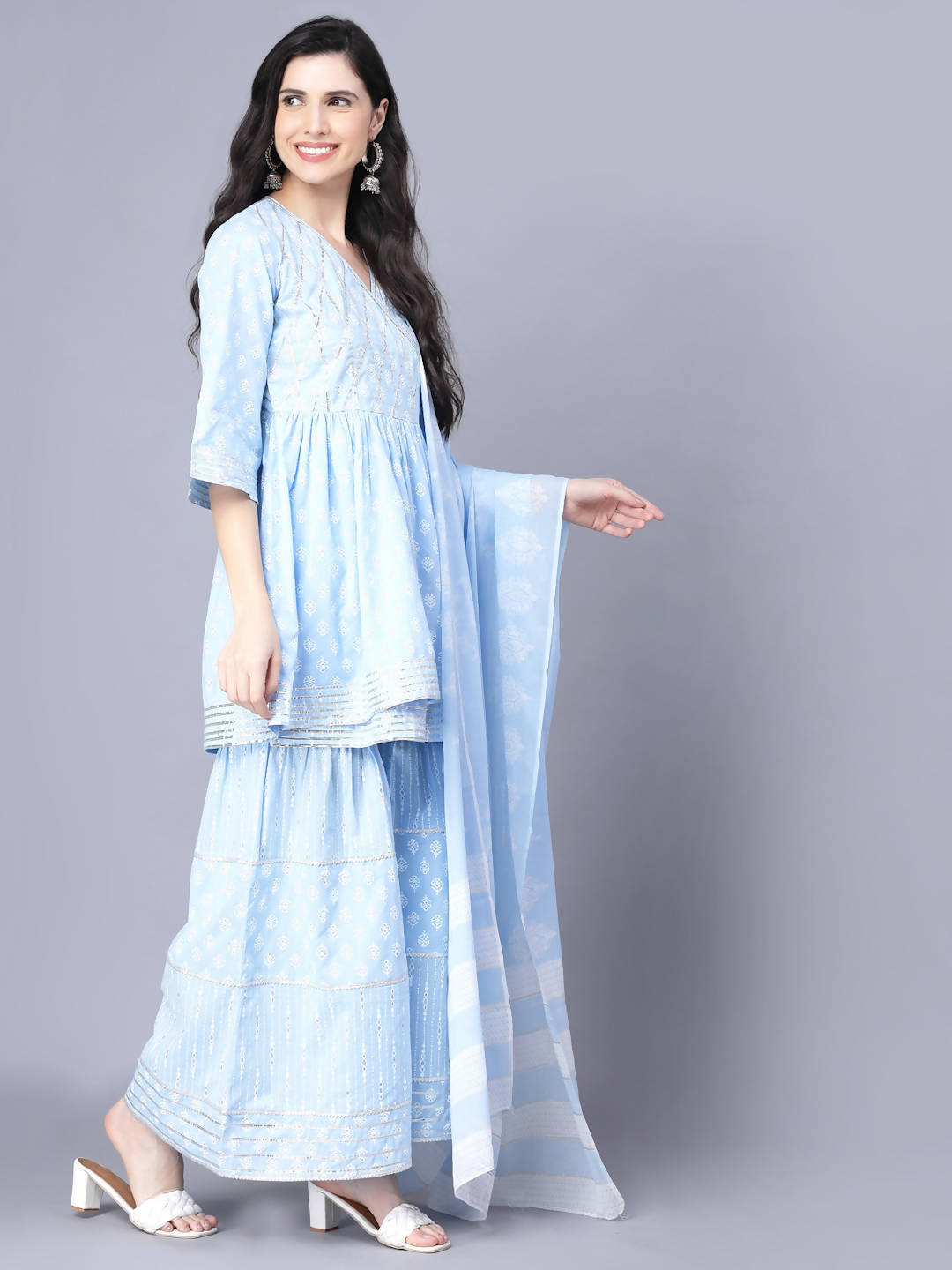 Myshka Cotton Printed 3/4 Sleeve V Neck Turquoise Blue Women Sharara Set | Swadesiicart