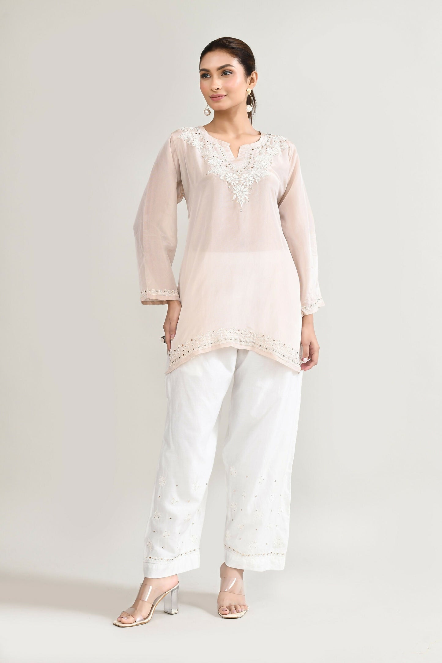 Joban Fashion Womens Cotton ChikanKari Off White Cord set - Swadesiicart