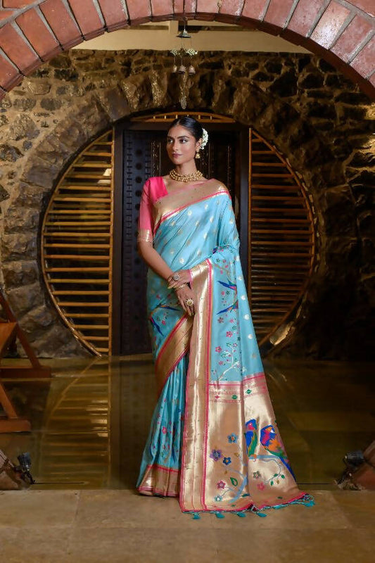 Vishnu Weaves Women's Firozi Paithani Silk Zari Woven Saree with Unstitched Blouse - Swadesiicart