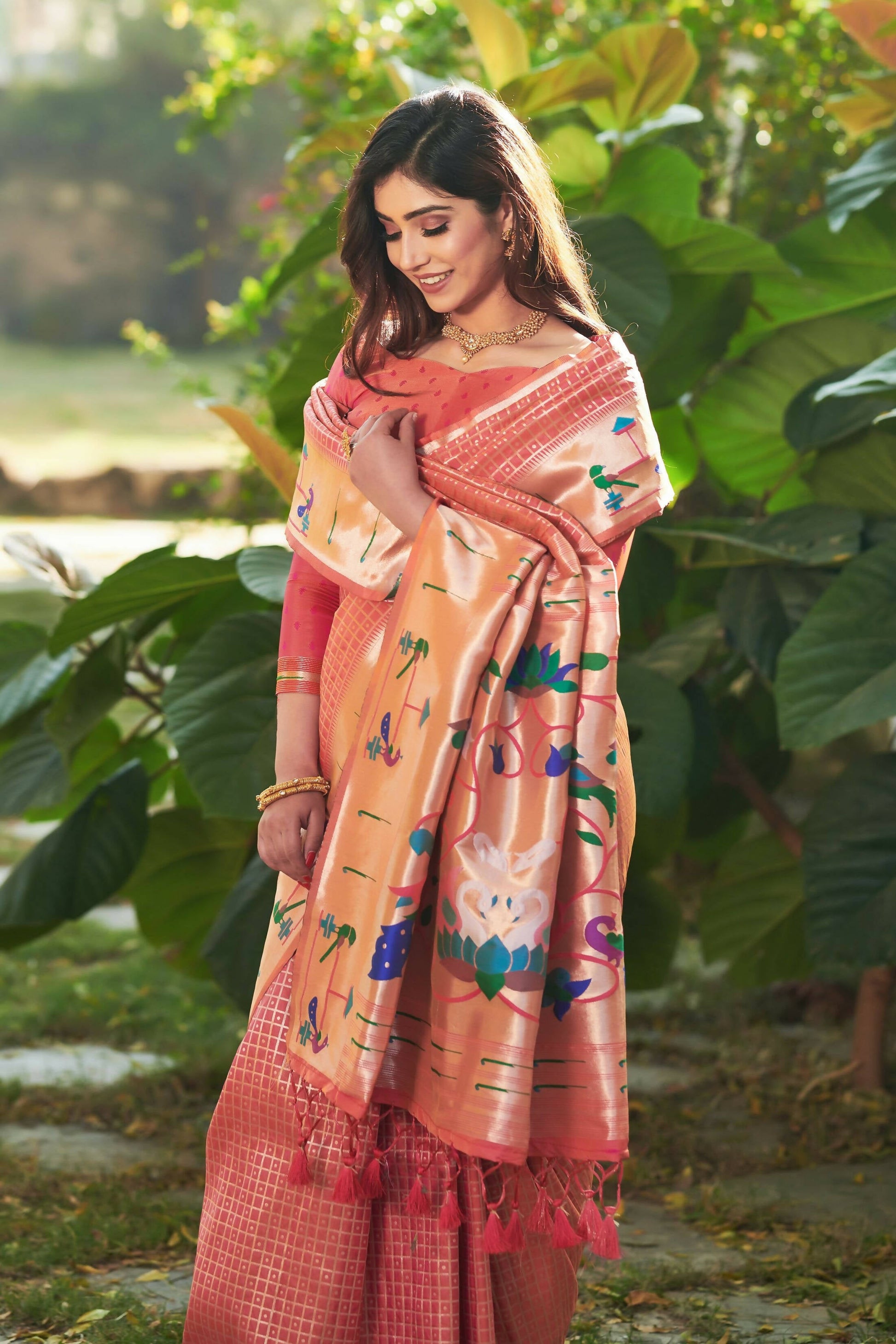 Vishnu Weaves Women's Peach Paithani Silk Minakari Zari Woven Saree with Unstitched Blouse - Swadesiicart