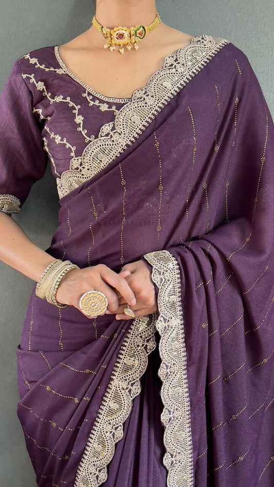 Vastranavya Purple Georgette Silk Swarovski & Heavy Lace Work Ready to Wear Saree | Swadesiicart