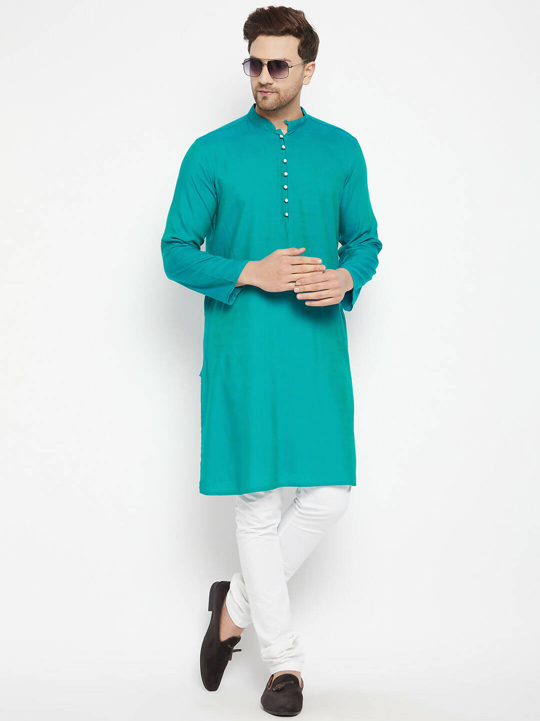 Even Apparels Green Viscose Long Men's Kurta With Band Collar | Swadesiicart