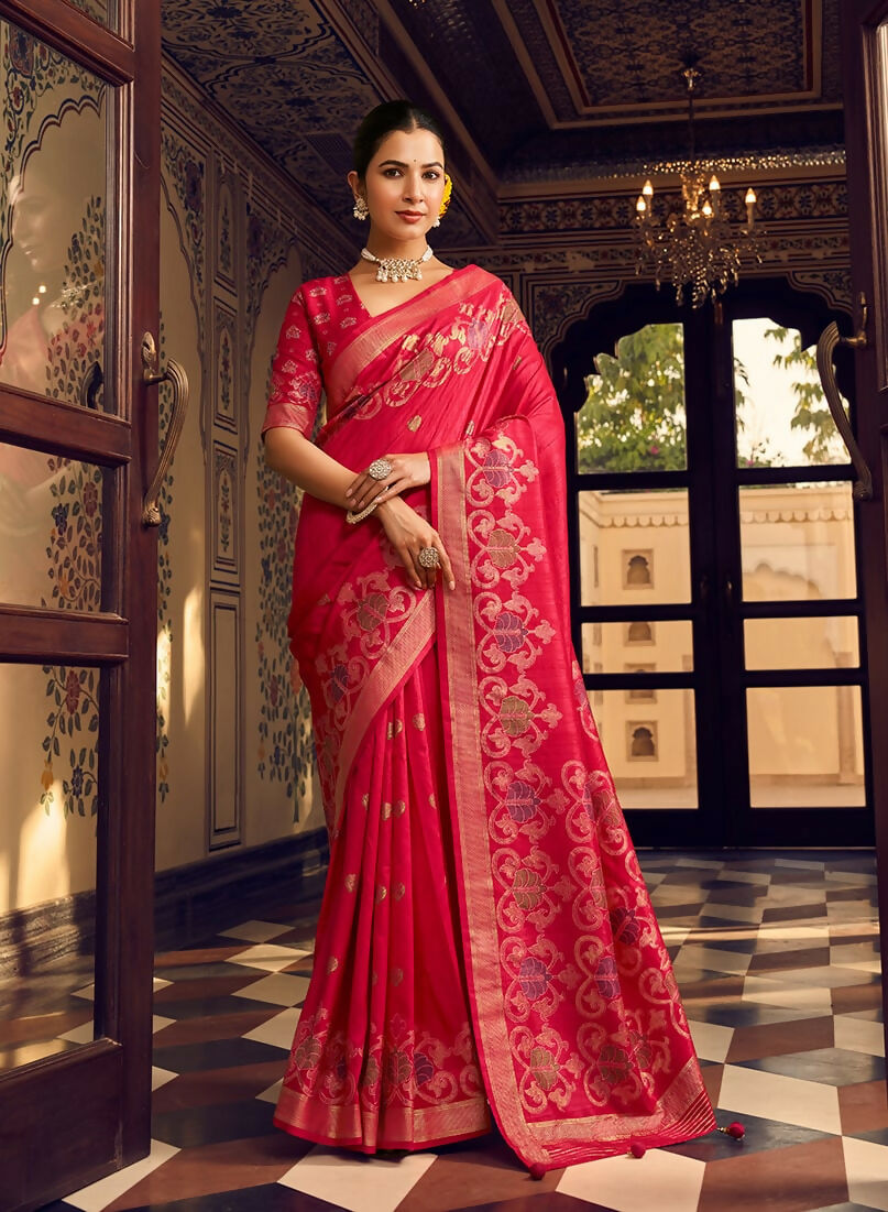 Monjolika Fashion Rani Pink Silk Blend Banarasi Zari Work Classic Saree | Swadesiicart