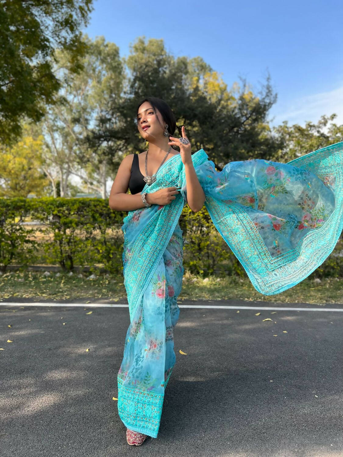 Vamsee Sky Blue Organza Saree - Swadesiicart