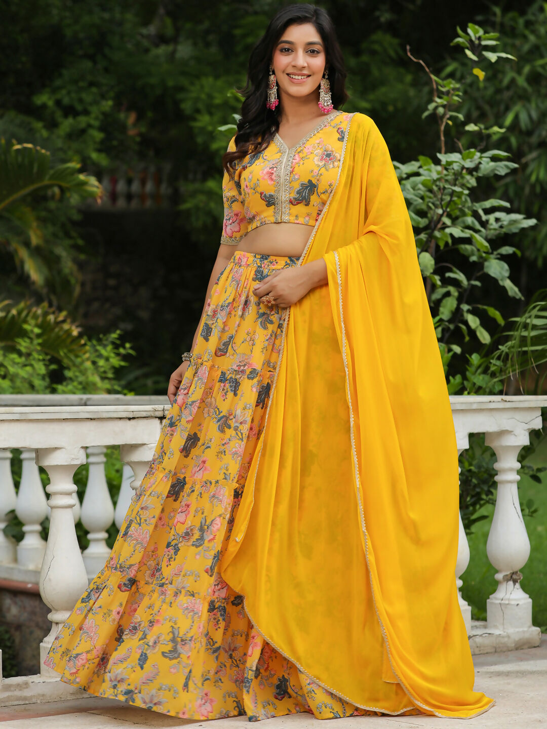 Janasya Yellow Georgette Floral Lehenga Choli Dupatta | Swadesiicart
