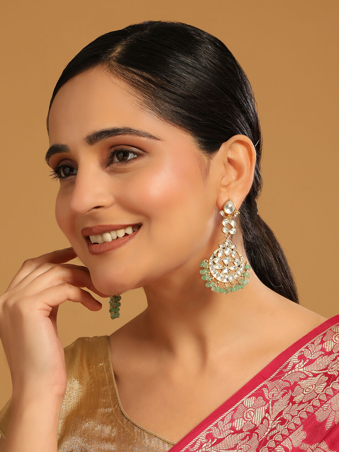Nuyug 22K Gold Plated Regal Green Kundan Chandbali Earrings | Swadesiicart